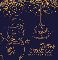 merry christmas happy new year snowman and bells design, winter season and decoration theme Vector illustration