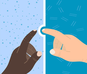 Communication barriers between people of different cultures and skin colors. Discrimination based on ethnicity. Removing restrictions, combating discrimination. Vector