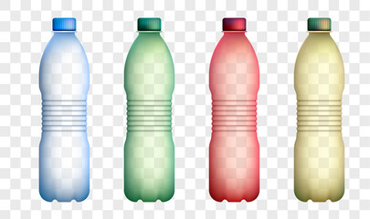 Plastic bottle set. Recycling waste, used raw materials. Caring for environment. Green modern technologies. Isolated vector on white background