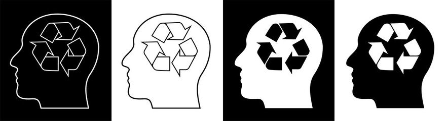 human head with recyclable sign inside. Arrow sign for recycling waste, used raw materials. Caring for environment. Green modern technologies. Isolated vector on white background