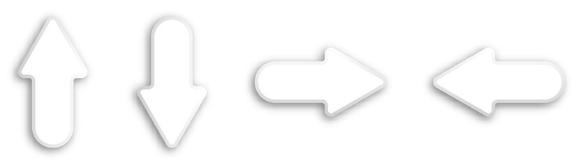 set of white 3d arrows on white background. Direction of movement up, down, right, left. Direction pointers for charts and infographics. Easily editable color, suitable for any background. Vector