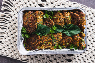 plant-based food, vegan burgers with mixed vegetables and chickpea flour