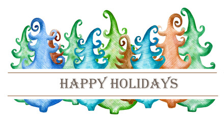 Watercolor frame of blue, brown, green Christmas trees.