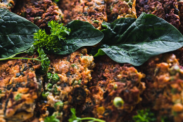 plant-based food, vegan burgers with mixed vegetables and chickpea flour