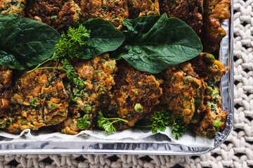 plant-based food, vegan burgers with mixed vegetables and chickpea flour