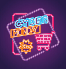 cyber monday neon with cart design, sale ecommerce shopping online theme Vector illustration