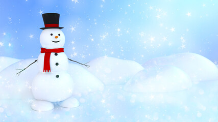 Illustration of a smiling snowman on a background of snow-white snowdrifts. 3D Render