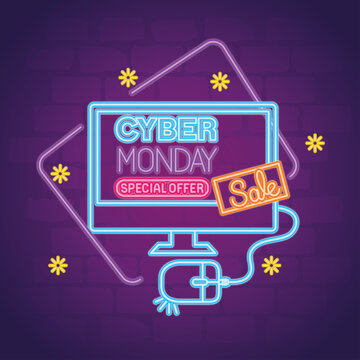 cyber monday neon in computer with mouse design, sale ecommerce shopping online theme Vector illustration