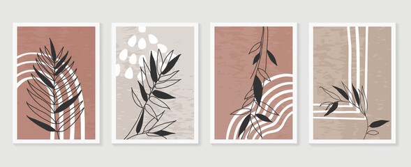 Obraz na płótnie Canvas Botanical wall art vector set. Earth tone boho foliage line art drawing with abstract shape. Abstract Plant Art design for print, cover, wallpaper, Minimal and natural wall art..