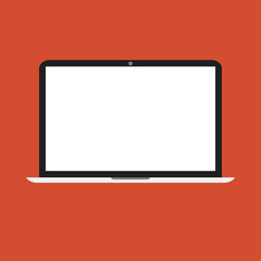 black laptop monitor with blank screen, flat vector illustration over red background