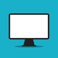 black pc monitor with blank screen, flat vector illustration over blue background