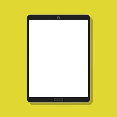 black digital tablet with blank screen, flat vector illustration over yellow background