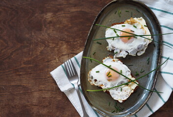 Open sandwiches with dark rye bread with cheese, fried egg and green onions on a wooden table.Healthy natural breakfast. View from above.