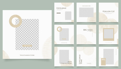 social media template banner fashion sale promotion. fully editable instagram and facebook square post frame puzzle organic sale poster. white green gold vector background