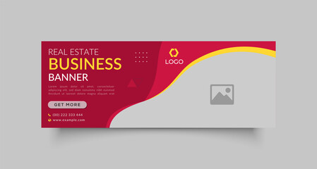 Business web ad banner and Facebook cover page timeline template with photo place for advertising and promotion. Modern layout design dark red and yellow background