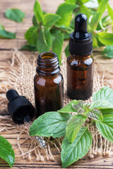 Fragrant mint essential oil in dark glass bubbles, aromatherapy oil natural organic cosmetic on rustic wood background.