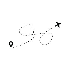 Plane track to point with dashed line way or air lines, airplane icon on white background