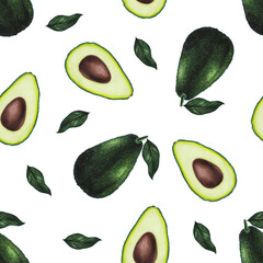 Seamless pattern with avocado and leaves. Keto diet hand drawing. Organic food. Decorative elements for textile, wrapping paper or notebooks.