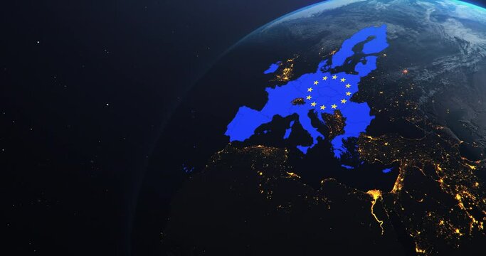 Planet Earth from Space European Union Map EU Flag, 2020 political borders post brexit, negative copy space, 3d illustration, elements of this image courtesy of NASA
