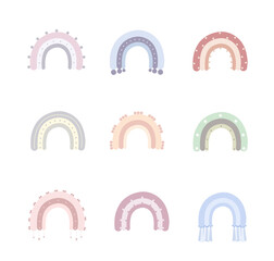 Rainbow in boho style. Cute rainbows in pastel colors. Scandinavian printable poster for playroom and kids. Doodle art elements. Modern vector illustration. Boho wall decor.