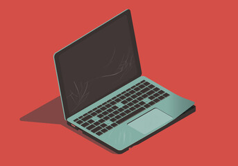 Isometric broken laptop on red background