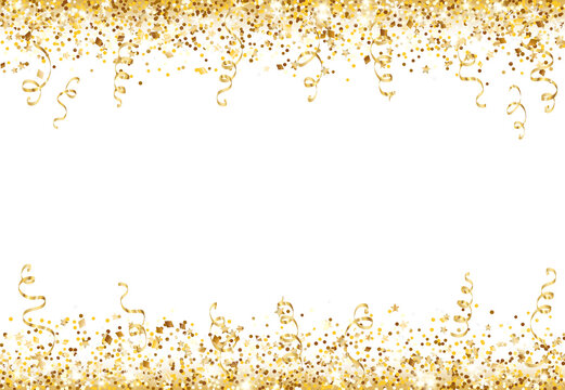 Celebration background with glitter decoration isolated on white. Falling confetti, holiday border. Festive golden frame. For Christmas, New Year banners, birthday or wedding party flyers. Vector.
