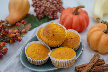 sweet home made vanilla pumpkin muffins on a table