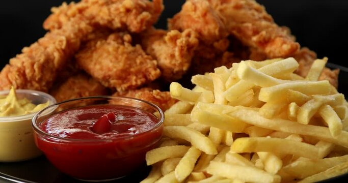 Macro view of Tasty french fries and crispy chicken nuggets with mustard and ketchup isolated on black