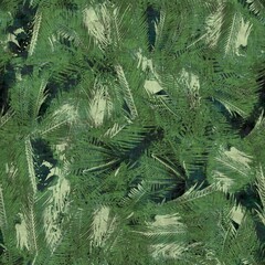 Green tropical palm tree leaves seamless pattern. High quality illustration. Vivid, detailed, and highly textured graphic design. Trendy jungle foliage for fabric or repeat surface design.