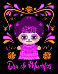 Dia de Muertos, Day of the Dead Spanish text Classic Mexican Catrina Doll and ornaments.