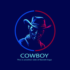 Bandit cowboy logo line pop art potrait colorful design with dark background. Abstract vector illustration.