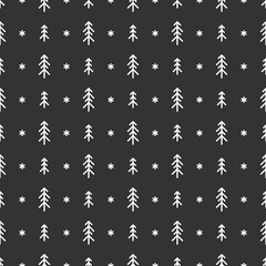 white ornament with line fir-trees and snowflakes on black background.