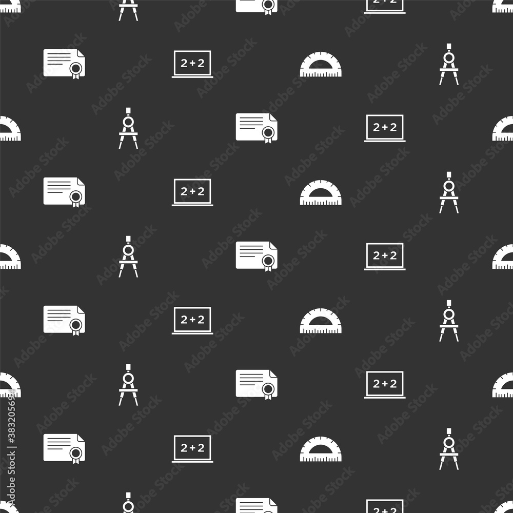 Poster set protractor, drawing compass, certificate template and chalkboard on seamless pattern. vector.