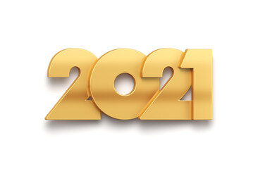 Happy New Year 2021. Gold inscription 2021 isolated on white background. Illustration for advertising. 3D rendering.