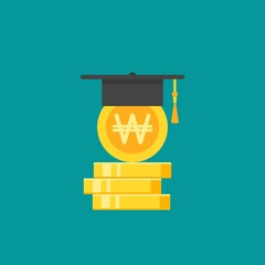 golden won coins stack and mortar board. Education value, study expenses.