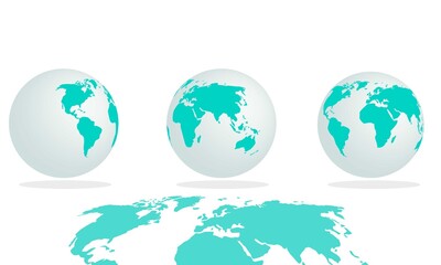World map of Earth hemisphere, Globe in different directions, Set of 3,  Globe for news, blue earth, Globe with Continents.