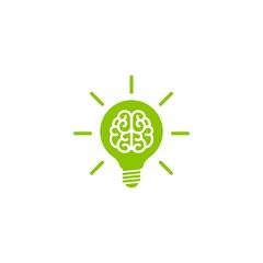 Green bulb with brain and rays flat icon. Isolated on white. New business idea. smart, clever, creative