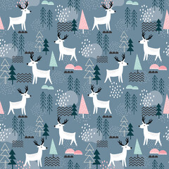 Seamless pattern with reindeer, forest elements and hand drawn shapes. childish texture. Great for fabric, textile, Vector Illustration