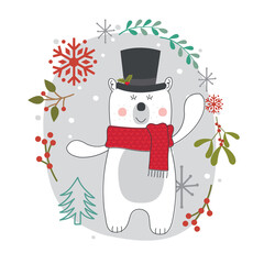 Christmas card with cute polar bear and leaves
