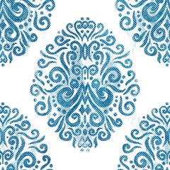 Seamless blue ink pen crosshatch damask blueprint pattern. High quality illustration. Draft sketch like graphic design. Pencil or pen ink drawing with realistic smudges. Seamless repeat raster design.