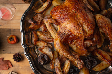Top view of whole baked turkey stuffed with apples served with potato on the black round dish. Wooden background with autumn decoration. Thanksgiving day concept. Festive dinner.