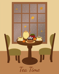 Autumn tea time. Cozy autumn flat vector illustration for design.