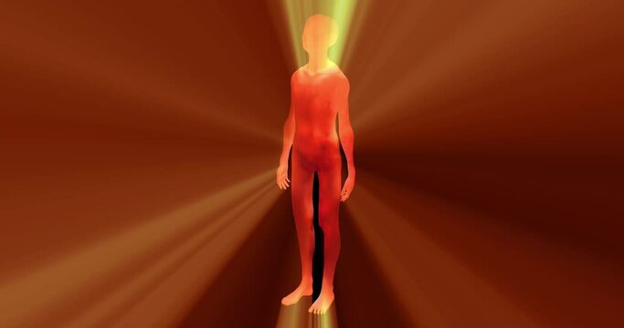 Glowing transparent human alien hybrid child. 3d animation with beautiful subsurface scattering of light flowing beneath skin surface. Luminous energy moves through body . Light rays emanating outward
