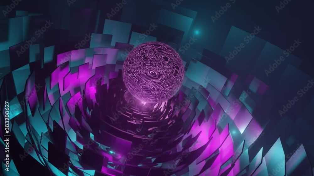 Poster 4k video animation of a colorful 3d sci-fi flowery object rotating under a pink transparent plasmasp