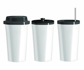 Vector realistic image of utensils for hot drinks. Illustration of options for isolated glasses with lid and straw.