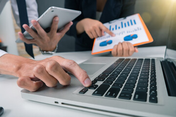 Business team present, professional investor working new start up project, Finance managers meeting,computer design smart phone using