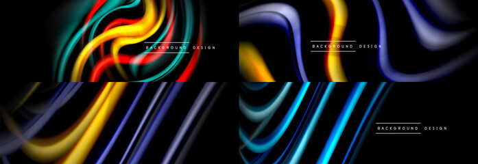 Set of fluid color abstract backgrounds. Liquid wave lines on black. Modern wallpapers