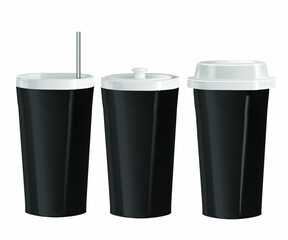 Vector realistic illustration of kitchen utensils. Isolated image of cups with lid and straw. Side view. White and black dishes on a white background.