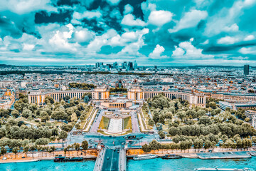 Panorama of Paris view from the Eiffel tower. View of the Trocadero Palace.