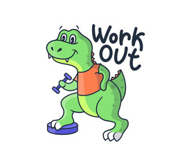 Cartoonish sport dinosaur with a lettering phrase - Work out. The green dino boy in an orange t-shirt pulls up a dumbbell. Good for cloth designs, stickers etc. Vector illustration 